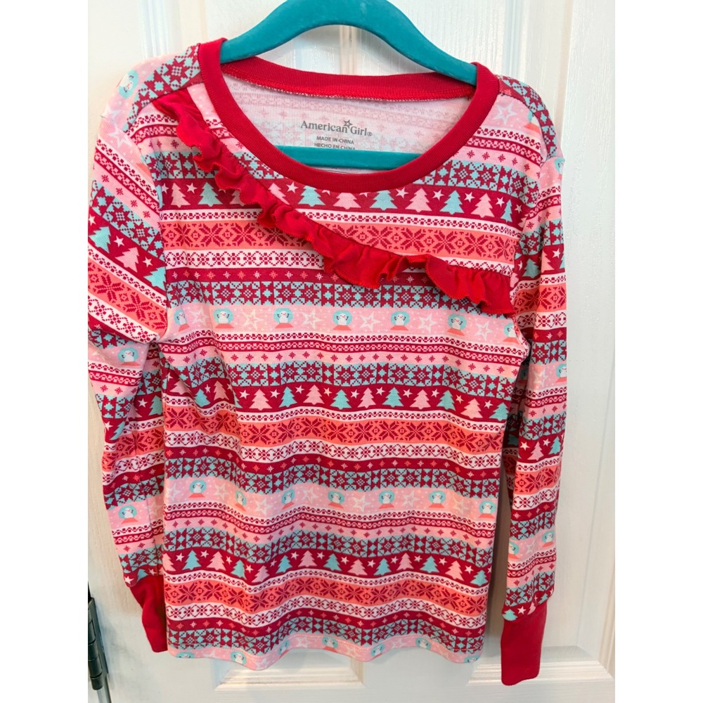 American Girl Pajama Top Red Fair Isle Snowman Ruffle Holiday Sleepwear 8